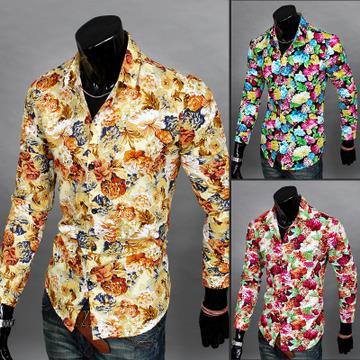 [5441]Korean Men's Floral Flower Casual Long-sleeved Shirt