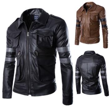 [5527]British Stylish Men's Multi-Pocket Leather Motorcycle Jacket