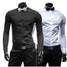 [5589]Men's Casual Slim Fit Features Long-Sleeved Shirt with Bow Tie