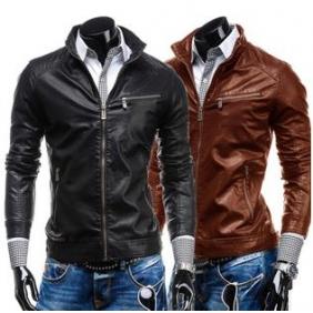 [5590]Men's Casual Stand Collar Zipper PU Leather Motorcycle Jacket