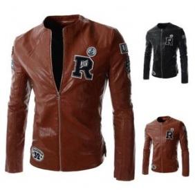 [5632]Men's Armband R Letters Labeling Short Motorcycle Leather Jacket