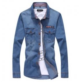 [5696]Korean Fashion Flag Embroidered Men Denim Shirt