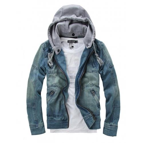 [8378] Fashion Men Hooded Washed Denim Jacket