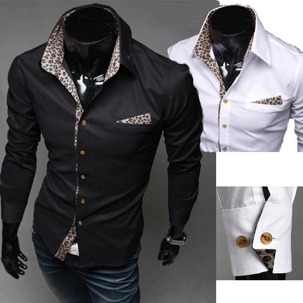[9064]Korean Men's Long-Sleeved Leopard Collar Lining Shirt