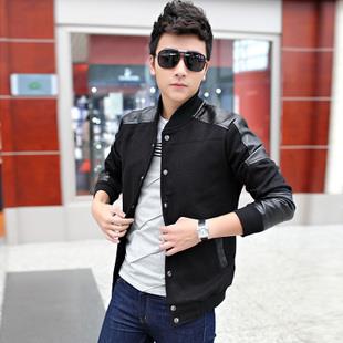 [9560]Korean Woolen Slim Fit Casual Leather Sleeve Jacket