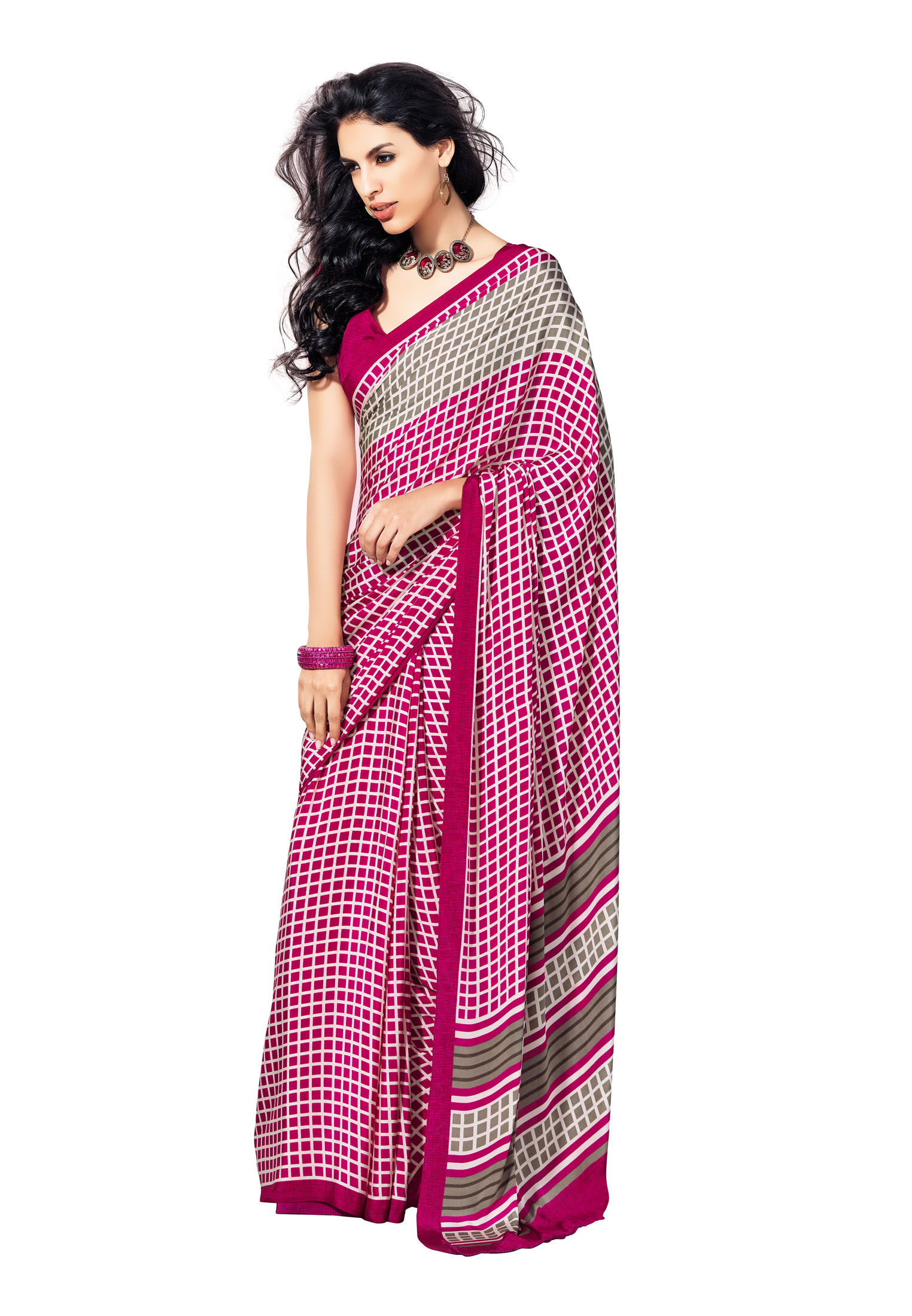 Branded Indian Women Saree Designer Wear Printed Pink & White
