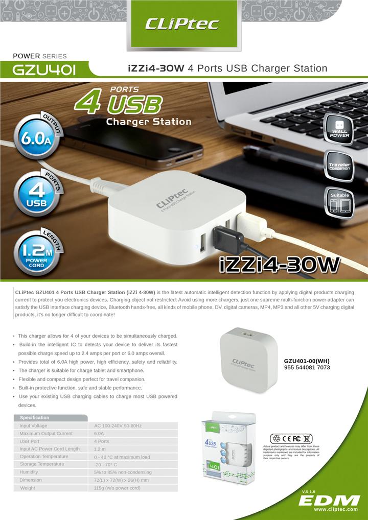 CLiPtec 4 Ports 6A 30W USB Fast Charging Charger Station GZU401