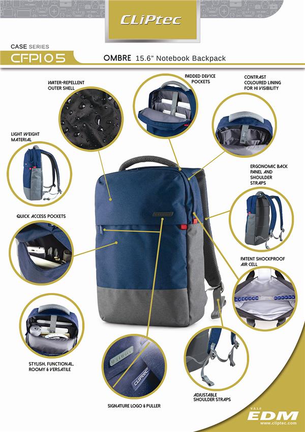 CLIPTEC OMBRE 15.6' Notebook Backpack Laptop Bag CFP105 CLIPTEC OMBRE 15.6' Notebook Backpack Laptop Bag CFP105