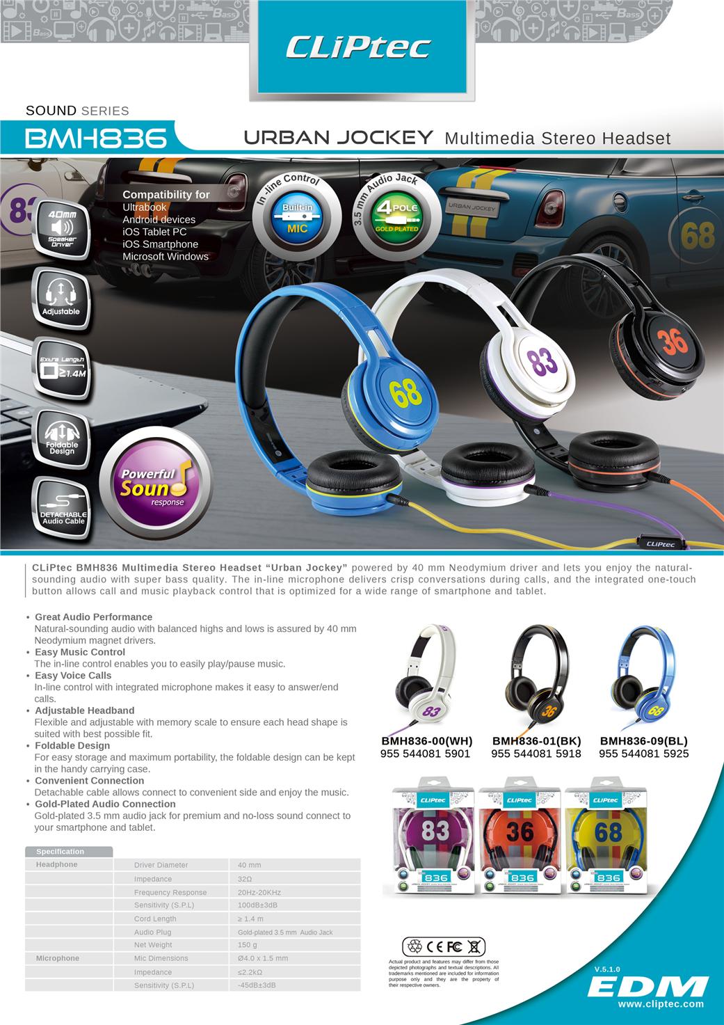 CLIPTEC Urban Jockey Dynamic Foldable Stereo Headset/Headphone BMH836