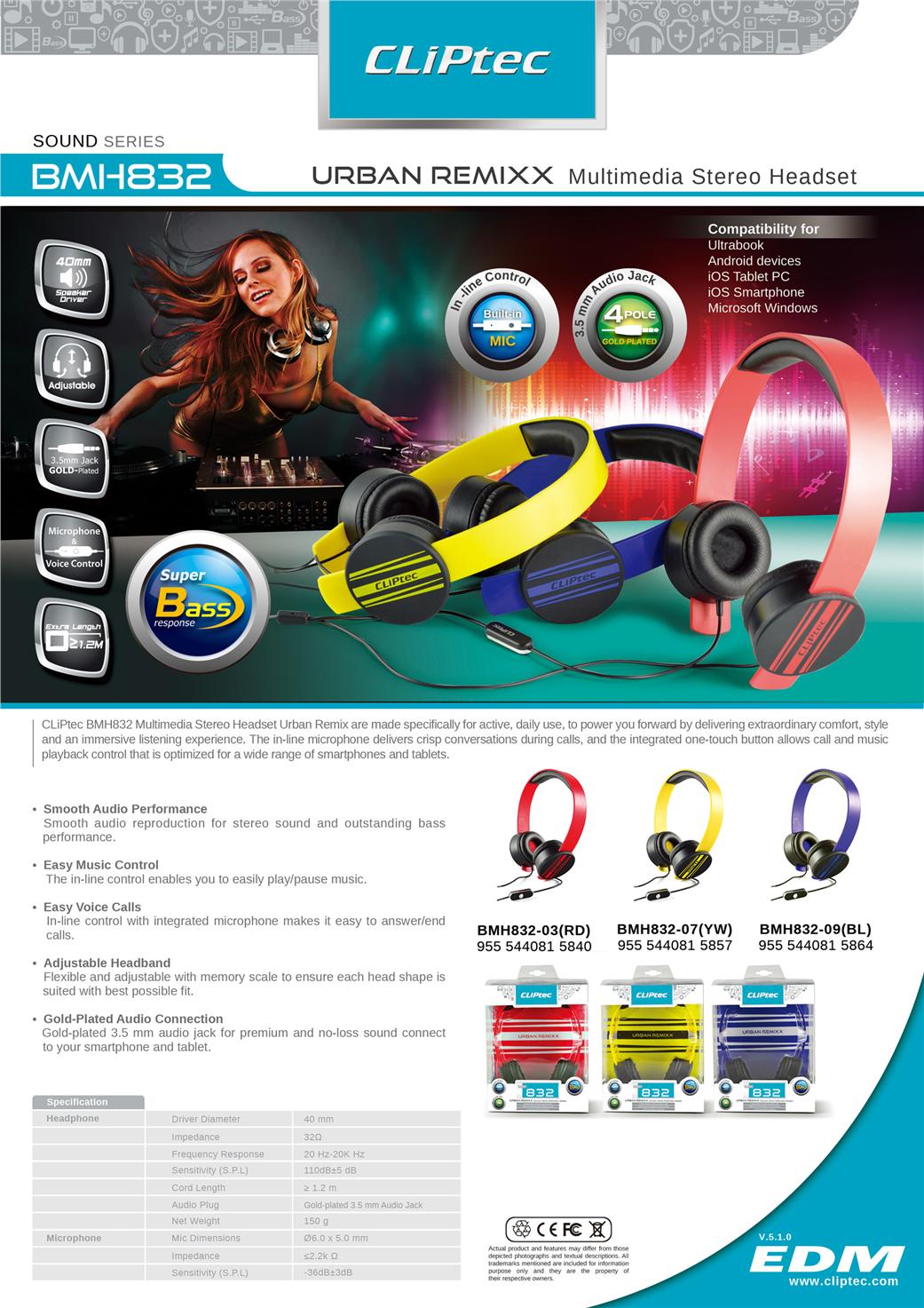 CLIPTEC Urban Remixx Dynamic Foldable Stereo Headset/Headphone BMH832