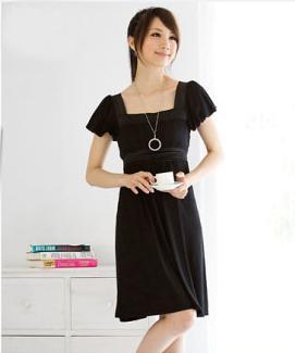 D0047 - Korean Puff Sleeve Tie Waist Cotton Dress – Black