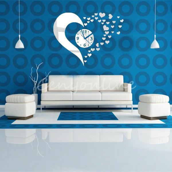 DIY Novelty 3D Home Art Hearts Mirror Decoration Wall Clock 