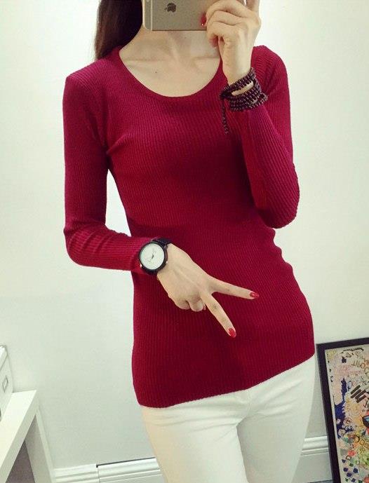 Fashion Show-slim Knit Long Sleeve Blouse (Wine Red) Fashion Show-slim Knit Long Sleeve Blouse (Wine Red)