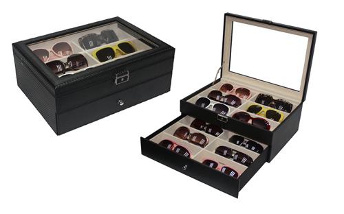 PU Leather Sunglasses / Spectacular Storage Box 12 Slots Carbon Black