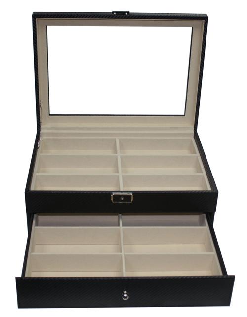 PU Leather Sunglasses / Spectacular Storage Box 12 Slots Carbon Black