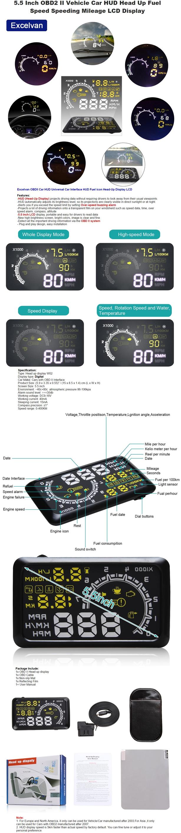 W02 5.5 Inch OBD2 II Vehicle Car HUD Head Up Display