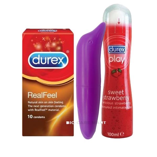 Durex Real Feel Condoms 10s + Durex Play Strawberry Lube + Massager