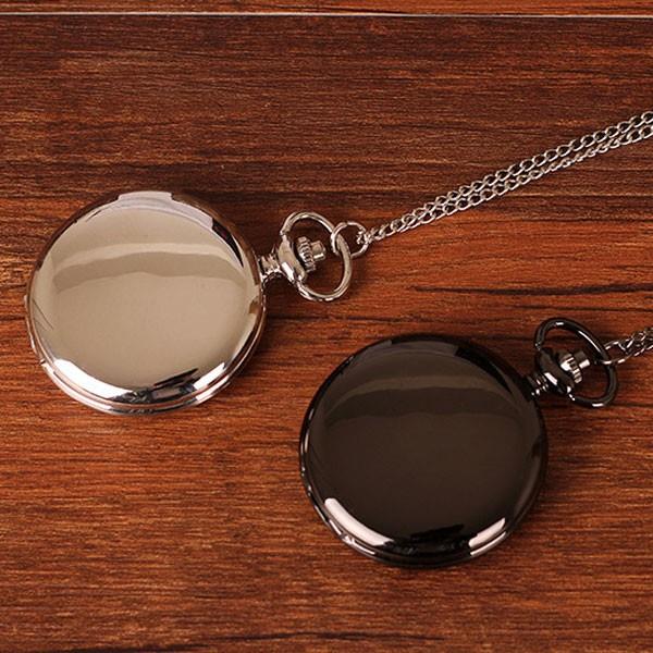 Silver Black Quartz Pocket Watch Necklace Pendant Free Engraving